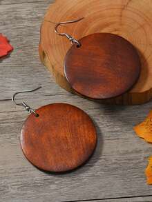 1 Pair Bohemian Vintage Wooden Round Geometric Earrings, Suitable For Daily Wear - Brown - View 2