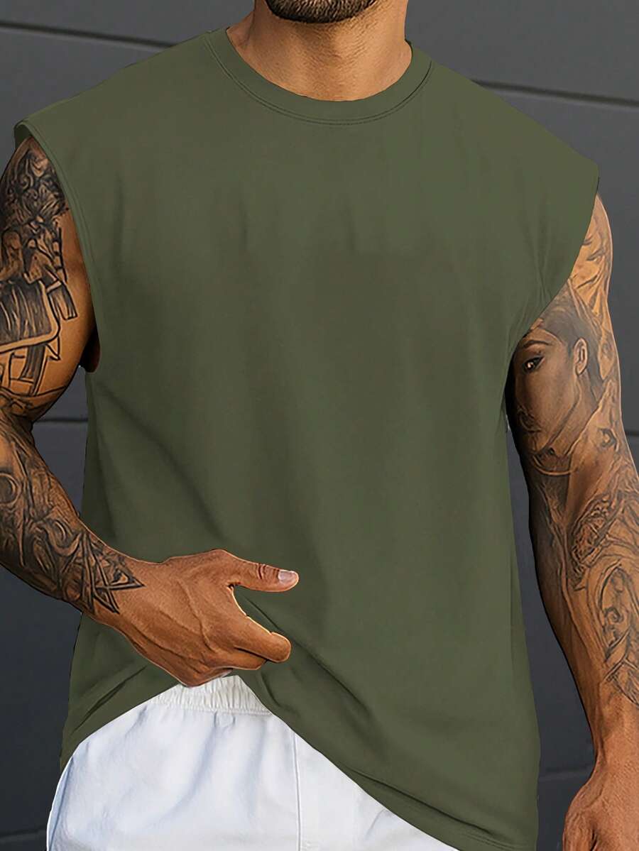Camiseta de tirantes casual holgada de talla grande para hombres de color liso y cuello redondo - Verde militar - Ver 1