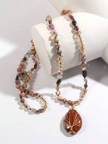 Bohemian Style Tree Of Life Pendant Necklace - Natural Tiger's Eye Stone, Handcrafted With Oval Amber, Golden Accents, Black And Brownish-Orange, For Men And Women Necklaces For Women Jewelry Women Accessories Women - Pendant Necklace - View 9