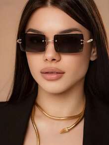 1pc Frameless Rectangle Metal Fashion Glasses, Available In Brown & Black Colors, Fashionable For Daily Life, Outdoor Travel & Beach For Summer Beach Vacation,Outdoor,Travel - Brown - View 3