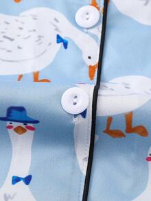 2 pezzi Set pigiama da donna, stampa a paperelle, abbigliamento da casa, outfit primaverile/estivo, top a maniche corte con bavero e pantaloncini, abbigliamento da relax - Blu - Visualizzare 8
