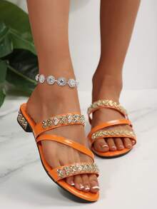 女士平底凉鞋，二合一水钻闪光夏季拖鞋，时尚户外服装 - 橘色 - 查看 4