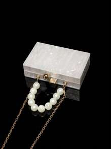 Acrylic Clutch Wallet, Marble Pattern Handbag, Women's Crossbody Bag With Pearl Chain, Formal Wedding/Gala