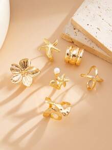 Set de 6 anillos de metal dorado vintage punk con elementos multicomponentes, decorados con elementos marinos como conchas, estrellas de mar y perlas falsas, se pueden usar solos o combinados, adecuados para atuendos diarios y de fiesta de la mujer, decoración de resort de playa, set de joyas de moda de verano