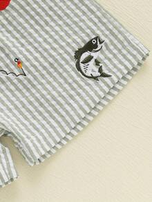 Toddler Baby Boy Fishing Outfit Short Sleeve Crew Neck Shirt And Plaid Elastic Waist Shorts Set Infant Summer Clothes - xanh quân đội - Xem 8
