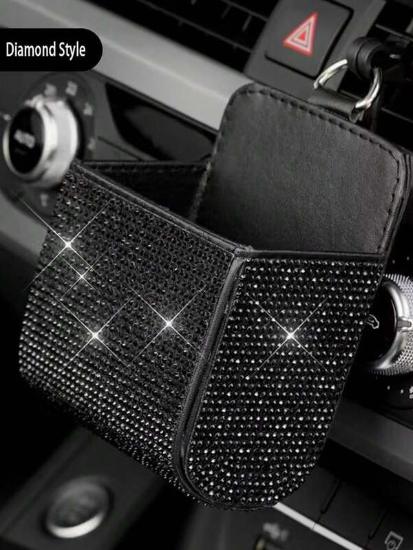 1pc Multifunctional Leather Car Air Vent Phone, Cigarette, Coin & Card Storage Organizer Pouch With Diamond