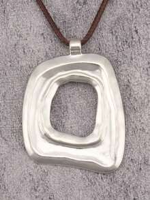 1pc Asymmetrical Hollow Square Shape Yellow Alloy Necklace For Men, Simple Wax Rope Long Chain, Gift For Girlfriend, Couple Accessory, Daily Wear Jewelry - Wax Rope - View 4