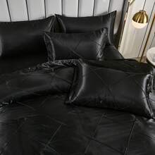 Black Satin Queen Comforter Set With Sheet Set Silk Like Satin Bedding Set Geometric Plaid Pinch Pleat Luxury Bedding Comforter 8 Pieces Satin Bed Set For Women And Females Bedroom Decor With 1 Comforter  4 Pillowcases 1 Flat Shhet 1 Fitted Sheet 1 Cushion Cover - Black - View 6