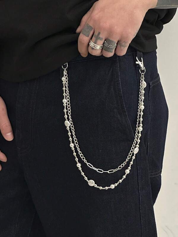 1pc European & American Hip Hop Style Pearl Chain Belt/Jeans Waist Chain, High-End Niche Cross-Border Accessory For Men