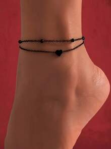 1pc Gothic Style Black Heart Chain Anklet, Suitable For Daily Wear And Festive Occasions - Black Double Heart Anklet - View 3