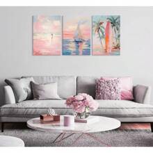 3 pièces Peintures sur canevas murales roses style côtier, images de voilier rose et de planche de surf. Décoration murale de plage chic pour chambres d'ado, appartements et maisons. Prêtes à accrocher. Ensemble de 3 pièces dans un cadre haut de gamme créant une atmosphère murale