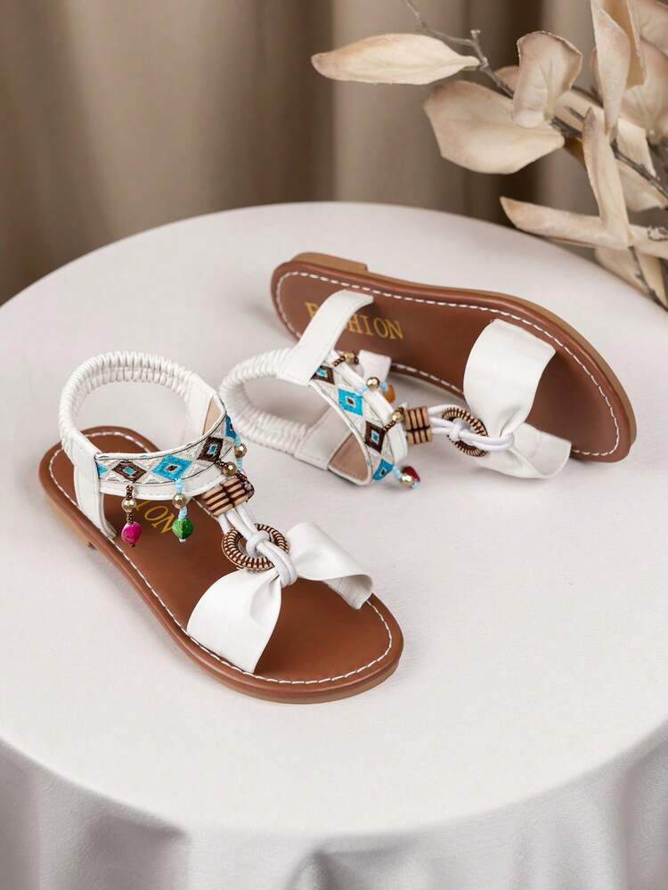 1 Pair Fashionable Children's Bohemian Style Hook And Loop Sandals, Comfortable Durable Beach Design Sandals With Random Beads Color - Beige - View 3