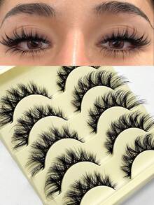 Asiteo 5 Pairs/Pack Natural Cat Eye Thick & Fluffy False Eyelashes, Dramatic Messy Faux Mink Lashes, Lengthening Eyelash Strips, Fox Eye Lifting Makeup Effect, Full Strip Lashes Can Extend And Thicken Outer Corner - 眼尾拉長款 - 查看 1