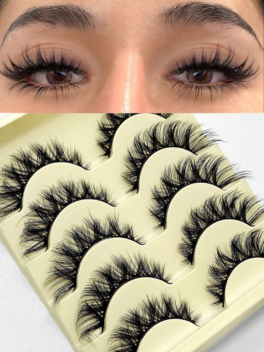 Asiteo 5 Pairs/Pack Natural Cat Eye Thick & Fluffy False Eyelashes, Dramatic Messy Faux Mink Lashes, Lengthening Eyelash Strips, Fox Eye Lifting Makeup Effect, Full Strip Lashes Can Extend And Thicken Outer Corner - 眼尾拉長款 - 查看 1
