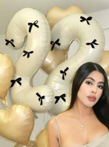 Set da 7 palloncini forma numeri da 40 pollici di colore crema con fiocco nero, palloncini a forma di numeri da 0 a 9, adatti per feste di compleanno, decorazioni per anniversari