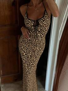 Leopard Print Tie Front Cami Bodycon Dress - Khaki - View 3