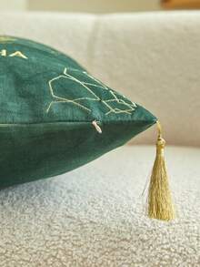 1 件开斋节绿黑天鹅绒面料配金线刺绣装饰抱枕套，手工流苏家居装饰，适合客厅、卧室、派对