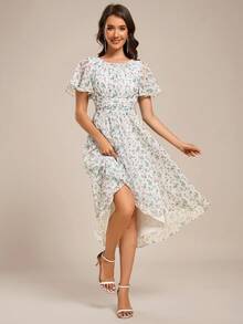 女士春季优雅荷叶袖雪纺伴娘礼服，正式婚礼宾客礼服 - 彩色 - 查看 5