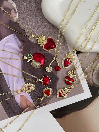 1pc Creative Fashion Elegant Exquisite Copper Inlaid Synthetic Zirconium Oil Drop Cherry Apple Heart Shaped Pendant Necklace Ladies Sister Couple Couple Prom Wedding Jewelry Gift, Suitable For Daily Dating Party Holiday Gift Summer Beach Vacation Wear