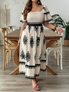 Plus Size Printed Dress, Elegant Waist Design, Flattering, Vacation Vibe - Apricot - View 3