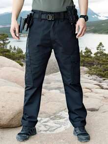 2Pcs Men's Solid & Camo Print Pockets Zipper Waterproof Tactical Cargo Pants Without Belt, Regular Fit Sporty Pockets Durability Trousers For Fall, Wear-Resistant Outdoor Training Pant For Men - Black+MICAI - 查看 2