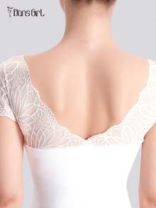 DonsGirl 1pc Women V-Neck Lace Short Sleeve Leotard, Ballet/Contemporary Dance/Classical Dance/Yoga/Gymnastics Jumpsuit - 白色 - 查看 9