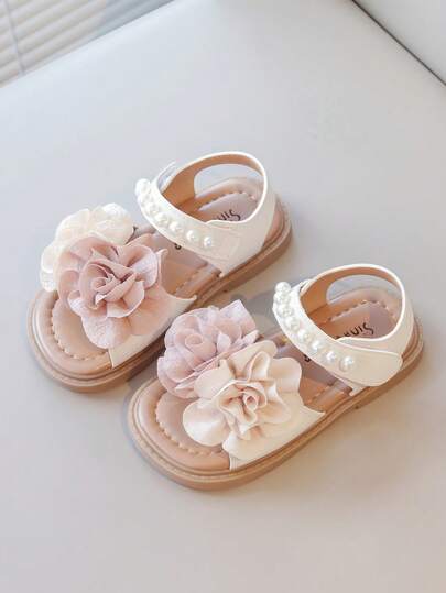 新款夏季儿童凉鞋，花朵装饰女童平底凉鞋，时尚露趾幼儿婴儿鞋，钩环扣时尚女婴沙滩凉鞋，学校/校园学生鞋