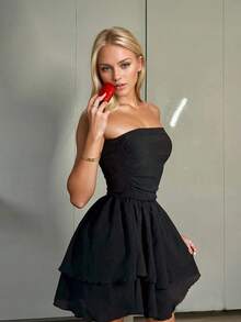 Women's Elegant Strapless Pleated Mini Dress, Black Tube Top Ruffle Hem Elastic Waist Double Layer Flounce Design, Lightweight Summer Dress - Black - View 4