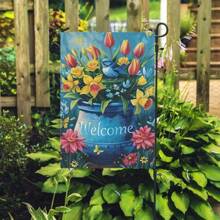 2D Hanging Banner, 1pc Welcome Spring Summer Garden Flag, Double-Sided Polyester Burlap Outdoor Banner, Multipurpose Home Garden Decor, 12x18 Inch, With Flower Pot And Bird Design, No Electricity Needed, Outdoor Yard Decoration