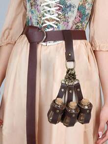 一套中世纪炼金术仿皮3件套药水瓶，奇幻腰包/侧包，维京角色扮演配饰（带腰带环），文艺复兴女巫道具，魔法药水瓶，朋克万圣节服装道具