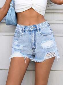 Teenagers Y2K Retro Fashionable Casual Frayed Ripped Denim Shorts, Slim Fit Street Style Jeans For Young Students - Blue - View 7