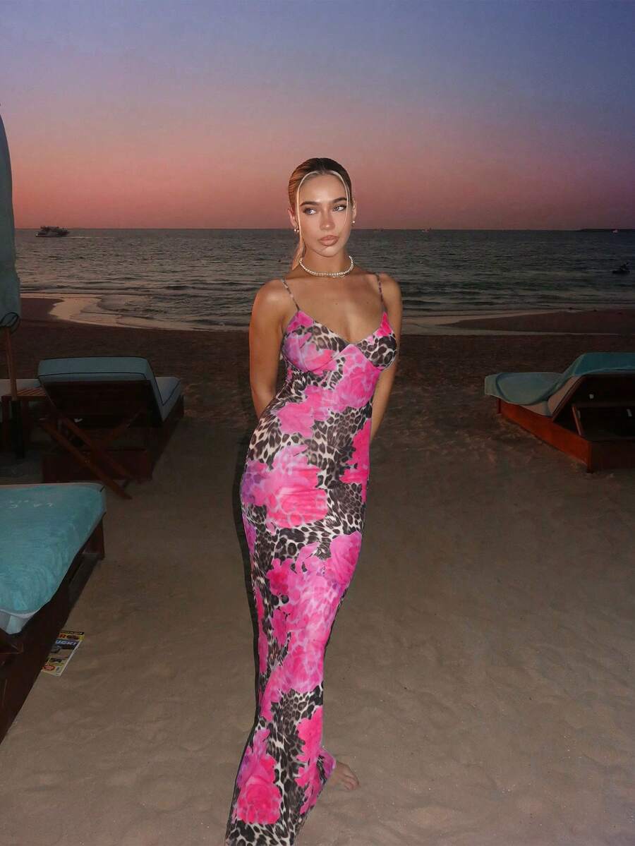 Autumn Women's Sexy Bodycon Leopard Print Maxi Dress, Blue Floral Contrast Color Backless Spaghetti Strap Elegant Party Dress, Women's Sexy Casual Party Club Evening Gown - Hot Pink - View 1