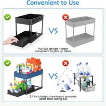 1 pezzo Organizer a 2 ripiani per sotto il lavandino, 1 pezzo Organizer per spazi stretti, Organizer multifunzione per lavello per bagno e cucina, Organizer a 2 ripiani scorrevole per sotto il lavandino, Cestello organizer scorrevole per mobile, Portaoggetti con ganci per tazze, Organizer per bagno e cucina sotto il lavandino con doppi cassetti scorrevoli