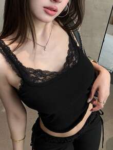 纯蕾丝边吊带背心，内置衬垫胸罩，修身剪裁，女士休闲黑色夏季内衣 - 黑色 - 查看 5