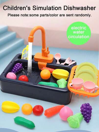 Kitchen Sink Toys Children Electric Dishwasher Playing Toy With Running Water Upgraded Faucet Electric Circulating Water Dish Bucket Play House Pretend Role Play Toys For Boys Girls Complete Certificates (Some Accessories Are In Random Colors), Kitchen Game, Kids Kitchen Accessories