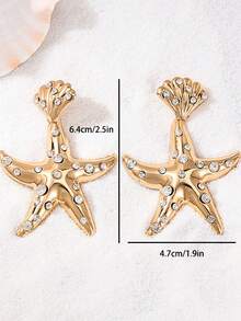 1 Pair Vintage Fashion Creative Metal Crystal Starfish & Shell Design Earrings For Women - Yellow Gold - View 5