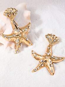 1 Pair Vintage Fashion Creative Metal Crystal Starfish & Shell Design Earrings For Women - Yellow Gold - View 2