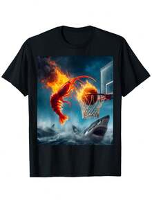 1pc Unisex Cotton Casual T-Shirt With Shrimp Dunking On Shark Print Round Neck Short Sleeve Slight Stretch Digital Heat Transfer Fishing Meme Graphic Tee  S-XXXL - Black - View 1
