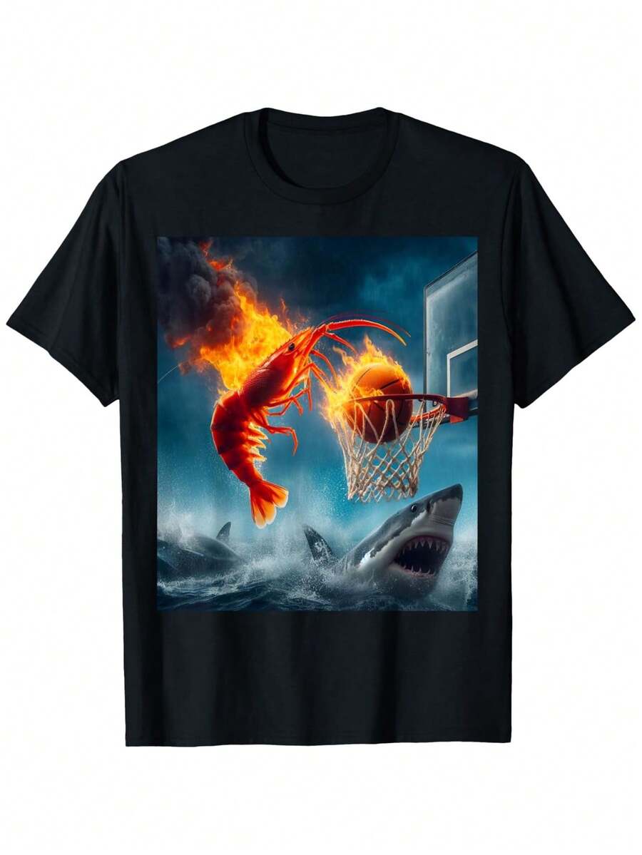 1pc Unisex Cotton Casual T-Shirt With Shrimp Dunking On Shark Print Round Neck Short Sleeve Slight Stretch Digital Heat Transfer Fishing Meme Graphic Tee  S-XXXL - Black - View 1