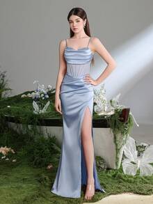 少女优雅晚礼服，细肩带和高开衩 - 褶皱美人鱼轮廓礼服