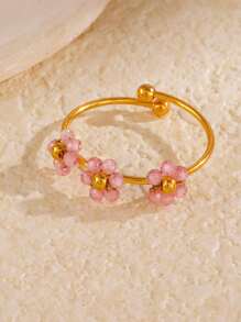 1 pieza de anillo decorativo de acero inoxidable de la serie de flores de colores de moda de verano, con diseños multicolor, blanco, rojo, morado y rosa, de diseño casual, versátil y elegante, apilable, adecuado para el uso diario, vacaciones y viajes de las mujeres, con accesorios enchapados en oro de 18K