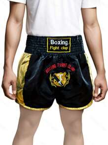 1pc Men's Black Boxing Shorts, Embroidered Sports Pants, Fighting & Training Muay Thai Shorts