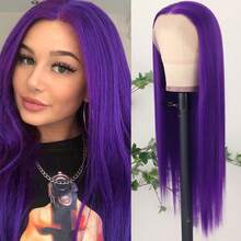 Purple Color Lace Front Wigs Pre Plucked Hairline Long Straight Wigs For Fashion Women Girls Party Daily Wear Glueless Dark Purple Lace Front Synthetic Wigs 13x4 Free Part Heat Resistant Fiber Hair 28 Inch 180% Density - 紫色 - 查看 4