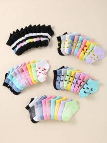 10 Pairs Of Baby Cute, Simple And Unisex Sheer Socks In Random Colors. They Have Jacquard Patterns Of Stripes, Bows And Hearts, And Are Suitable For Both Baby Boys And Baby Girls. These Socks Are Suitable For All Seasons. - Multicolor - View 2