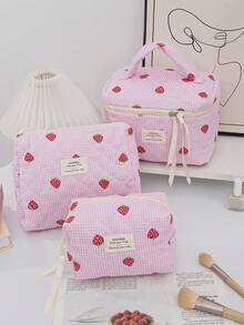 1 Piece Quilted Strawberry Design Travel Cosmetic Bag Multi-Functional Travel Cosmetic Bag Set Large Capacity Cosmetic Pouch,Makeup Bag Makeup Pouch Skincare Bag ,Large Capacity Zipper Bag For Travel ,Makeup Bag Makeup Pouch - Multicolor - View 6