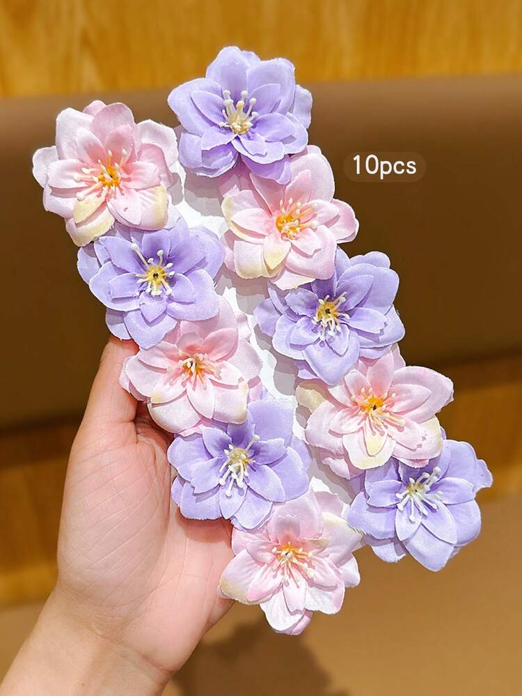 10個入り ピンクと紫のフラワーヘアクリップ、スウィートなスタイルの