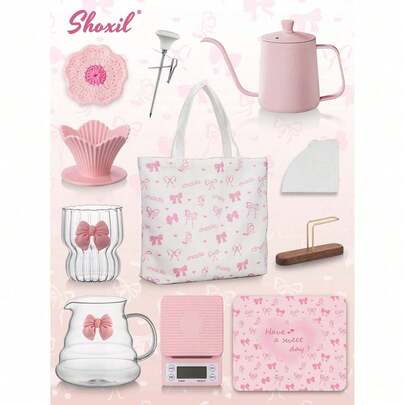 shoxil Bộ pha cà phê, Bộ pha cà phê màu hồng kèm túi họa tiết nơ, Bộ pha cà phê Pour Over, Phụ kiện pha cà phê nhỏ giọt, Quà tặng cà phê du lịch, cắm trại, lễ hội