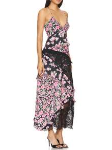 Summer Boho Maxi Dresses For Women Casual Y2k Floral Print Sleeveless Lace Patchwork Backless Ruffles Long Dress Spaghtti Strap Sling Dress Beach Vacation Sundress Streetwear Flowy Swing Dress - màu đen - Xem 5