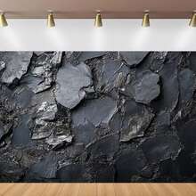 Un elegante paño de fondo fotográfico con un tema de pizarra completa, que cuenta con texturas complejas y patrones de roca continuos, perfecto para decoración de pared interior en entornos industriales modernos. Aporta un contraste de iluminación estética única a espacios residenciales u oficinas y enriquece las características de diseño con elementos naturales. Plano bidimensional, no multicapa ni modelo real - Negro - Ver 2