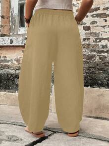 Plus Size Women's Relaxed Fit Elastic Waist Casual Wide Leg Pants, Versatile For Vacation And Daily Wear In Spring & Summer - Apricot - View 5
